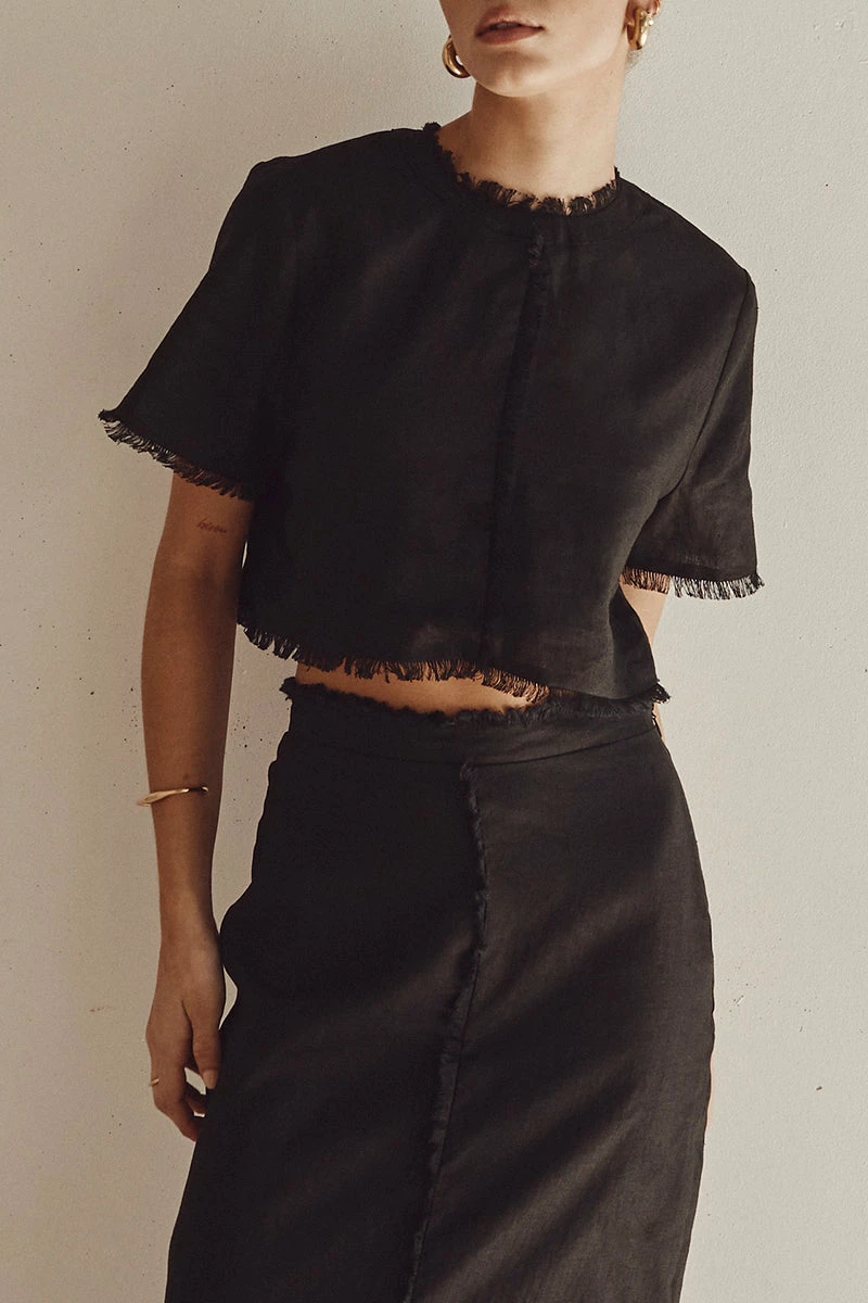 DISSH GEORGIE BLACK LINEN FRINGE CROP TOP 12 DISSH GEORGIE BLACK LINEN FRINGE CROP TOP - Image 12