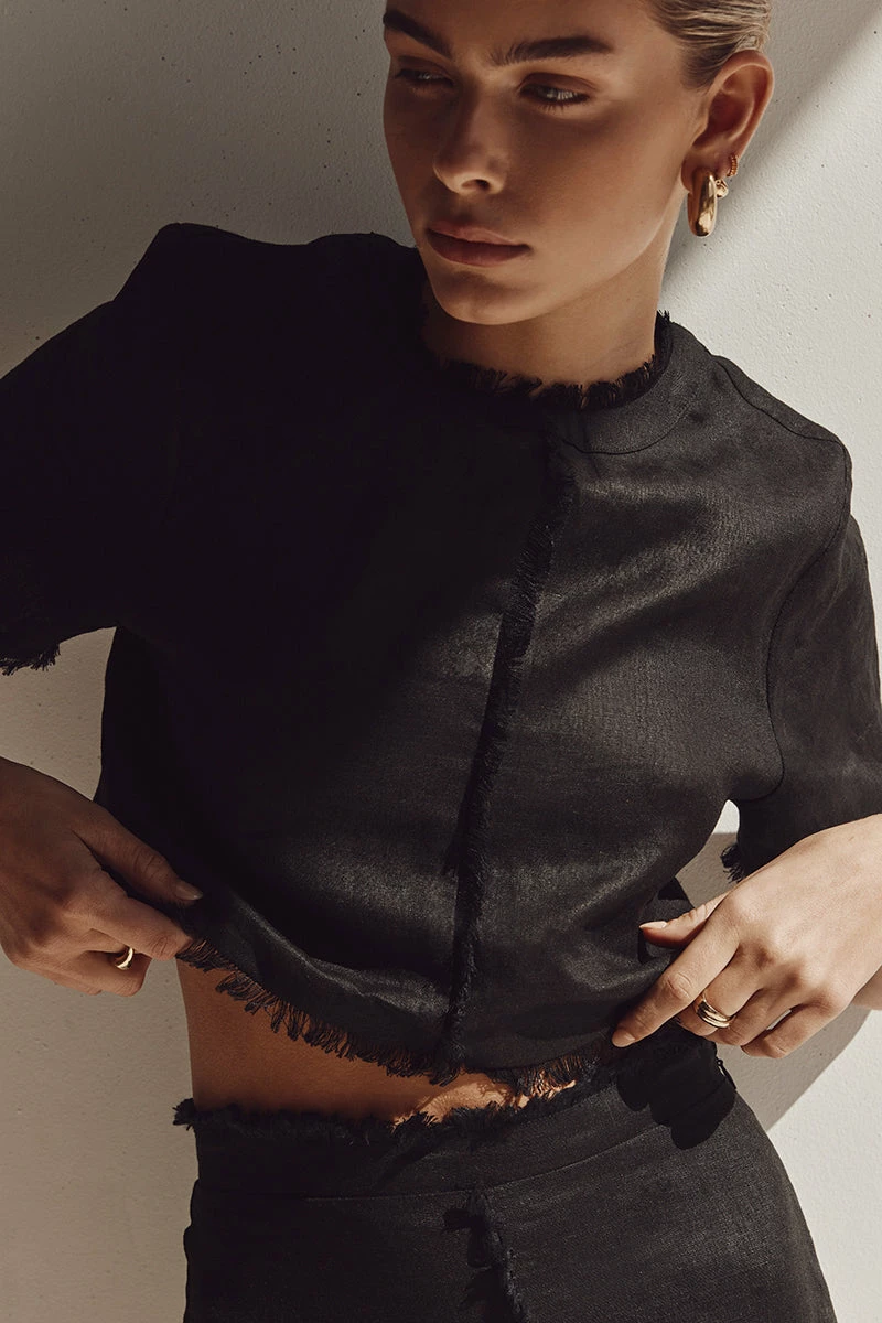 DISSH GEORGIE BLACK LINEN FRINGE CROP TOP 2 DISSH GEORGIE BLACK LINEN FRINGE CROP TOP - Image 2