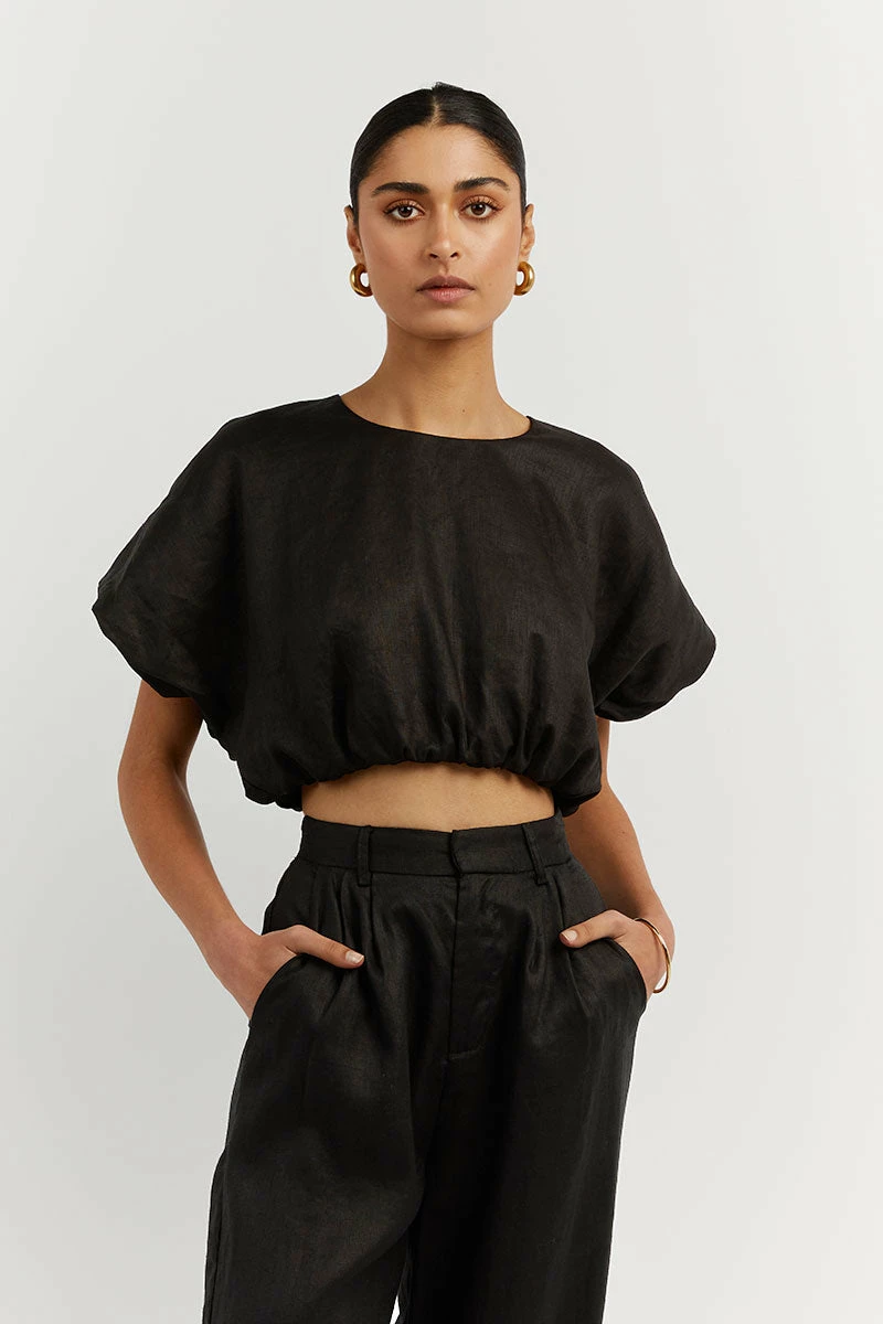 DISSH BONNIE BLACK LINEN BUBBLE CROP TOP 2 DISSH BONNIE BLACK LINEN BUBBLE CROP TOP - Image 2