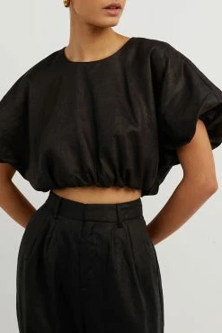 DISSH BONNIE BLACK LINEN BUBBLE CROP TOP 9 DISSH BONNIE BLACK LINEN BUBBLE CROP TOP -DISSH all-clothing Shop DFS04046DBK.600 4