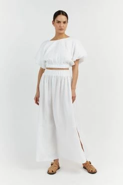 DISSH BONNIE WHITE LINEN BUBBLE CROP TOP