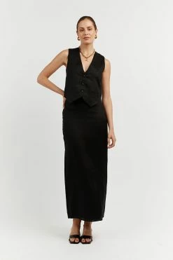 DISSH ROBERTS BLACK LINEN MIDI SKIRT