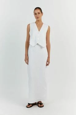DISSH ROBERTS WHITE LINEN MIDI SKIRT