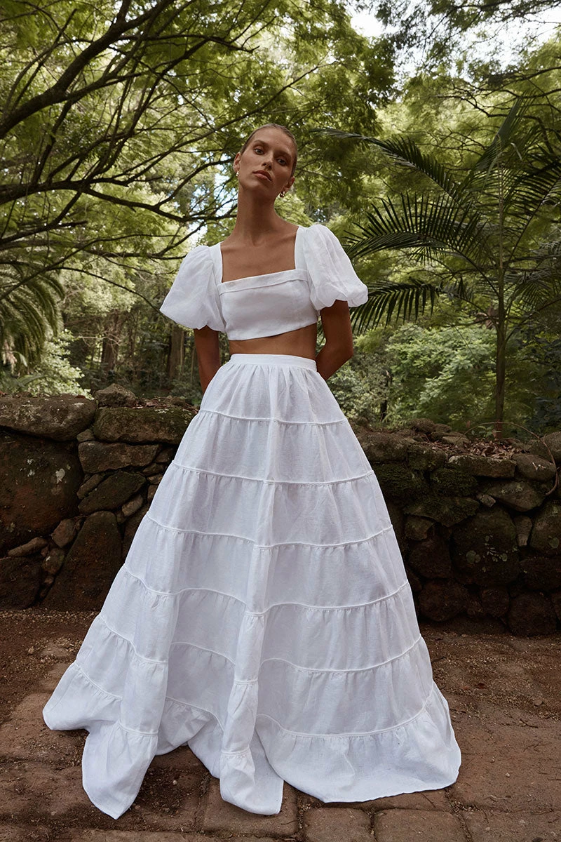 DISSH AISLE WHITE LINEN TIER LONG SKIRT 1 DISSH AISLE WHITE LINEN TIER LONG SKIRT