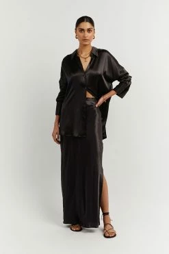 DISSH SIMONE BLACK SATIN MIDI SKIRT