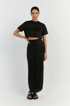 DISSH GEORGIE BLACK LINEN MIDI SKIRT