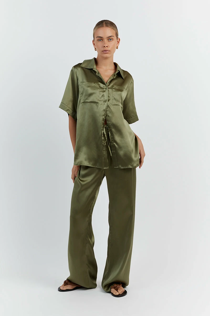 DISSH EVANS OLIVE SILK PANT 1 DISSH EVANS OLIVE SILK PANT