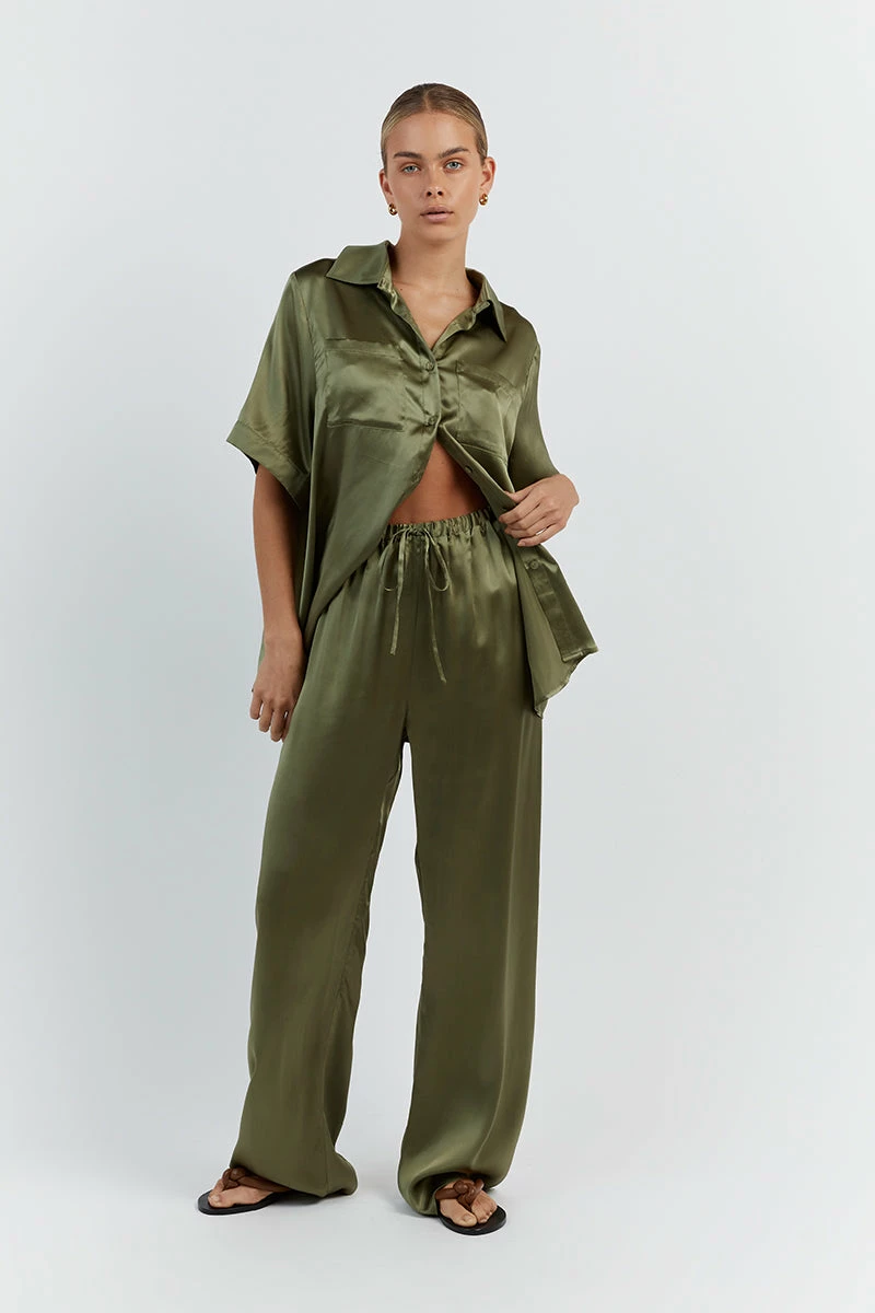 DISSH EVANS OLIVE SILK PANT 2 DISSH EVANS OLIVE SILK PANT - Image 2