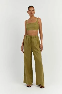 DISSH GINA OLIVE LINEN ELASTIC WAIST PANT