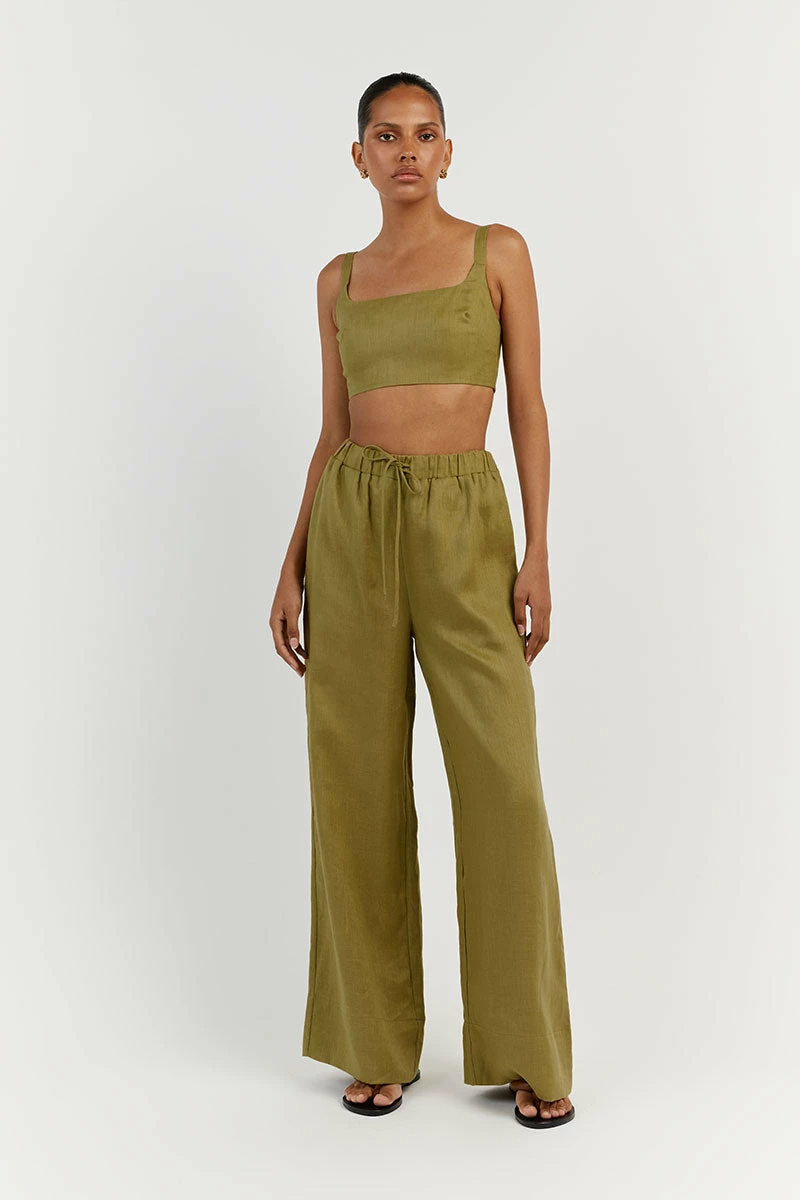 DISSH GINA OLIVE LINEN ELASTIC WAIST PANT 1 DISSH GINA OLIVE LINEN ELASTIC WAIST PANT
