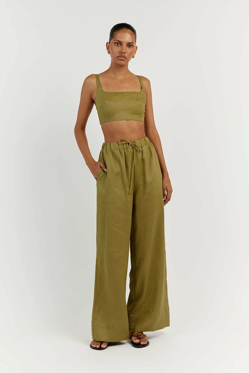 DISSH GINA OLIVE LINEN ELASTIC WAIST PANT 2 DISSH GINA OLIVE LINEN ELASTIC WAIST PANT - Image 2
