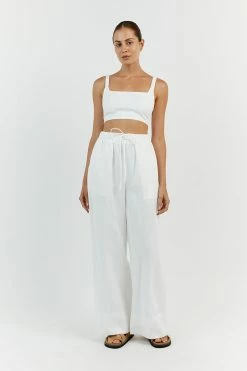 DISSH GINA WHITE LINEN ELASTIC WAIST PANT