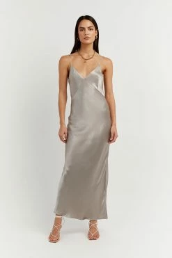 DISSH SIMONE PEWTER SATIN SLIP MIDI DRESS