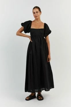 DISSH MONTY BLACK LINEN MIDI DRESS