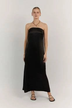 DISSH MIA BLACK STRAPLESS SATIN MIDI DRESS