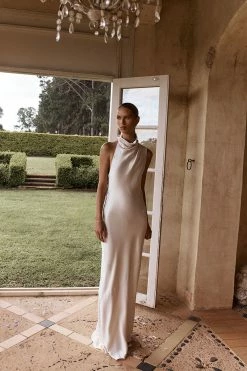 DISSH AISLE PEARL SATIN BACKLESS MIDI DRESS