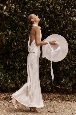 DISSH AISLE WHITE SATIN BACKLESS MIDI DRESS