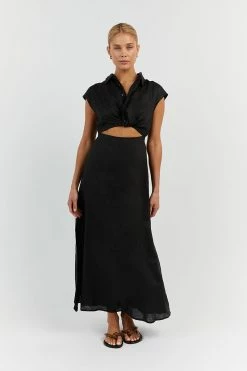 DISSH FLOW BLACK LINEN MIDI DRESS