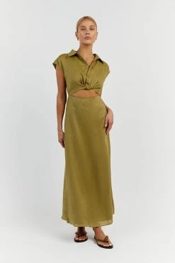 DISSH FLOW OLIVE LINEN MIDI DRESS