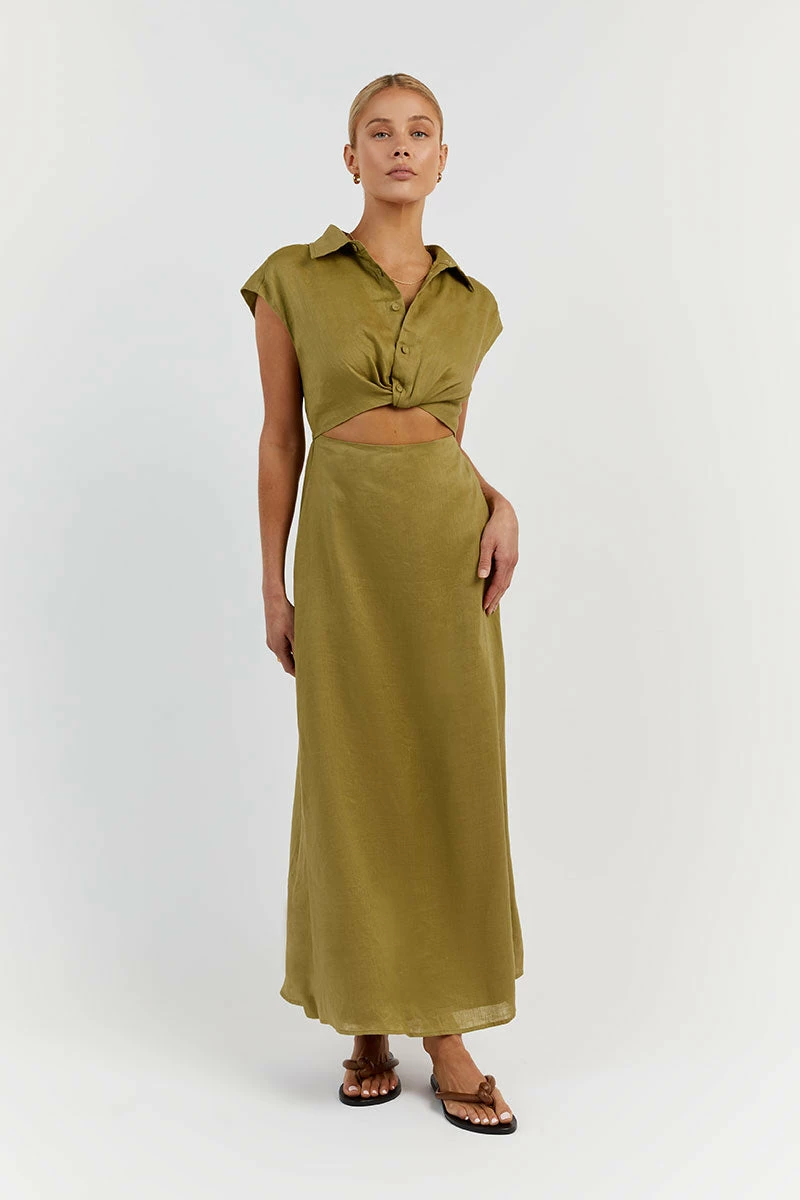 DISSH FLOW OLIVE LINEN MIDI DRESS 1 DISSH FLOW OLIVE LINEN MIDI DRESS