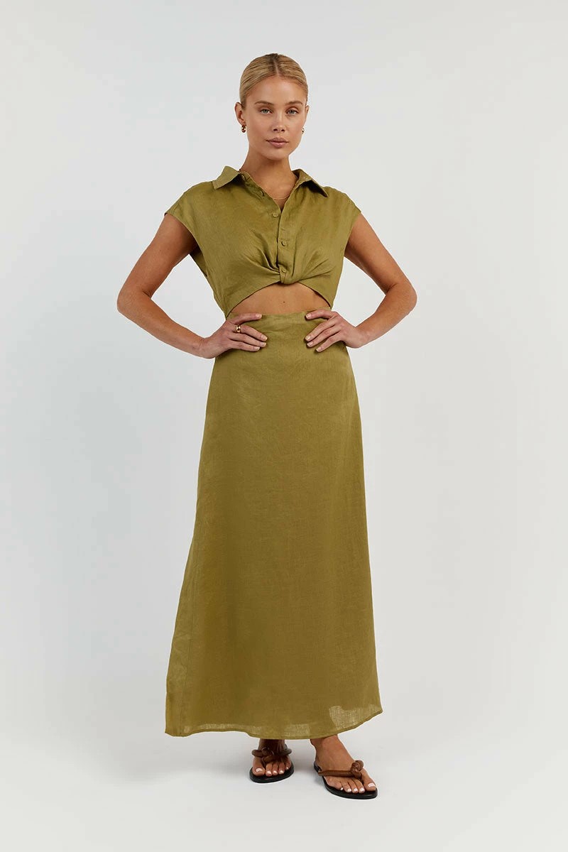 DISSH FLOW OLIVE LINEN MIDI DRESS 2 DISSH FLOW OLIVE LINEN MIDI DRESS - Image 2