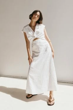 DISSH FLOW WHITE LINEN MIDI DRESS