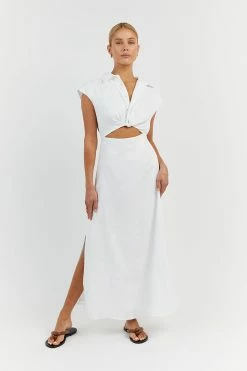 DISSH FLOW WHITE LINEN MIDI DRESS -DISSH all-clothing Shop DFS11413WE.100 11