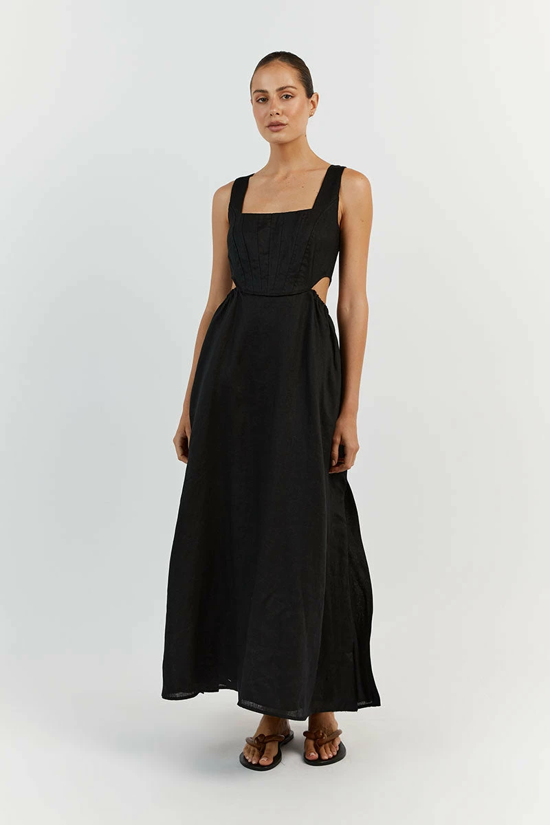 DISSH JOEY BLACK LINEN CORSET MIDI DRESS 1 DISSH JOEY BLACK LINEN CORSET MIDI DRESS