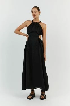 DISSH CAMILA BLACK LINEN MIDI DRESS