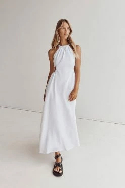 DISSH CAMILA WHITE LINEN MIDI DRESS