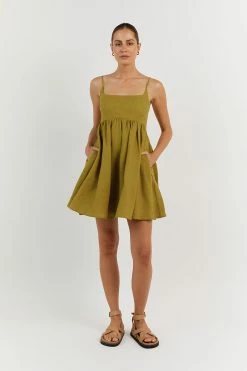 DISSH SUNNY CHARTREUSE LINEN MINI DRESS