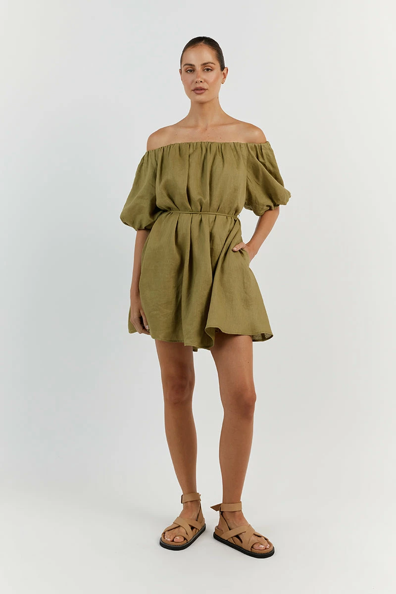 DISSH PENELOPE OLIVE LINEN MINI DRESS 1 DISSH PENELOPE OLIVE LINEN MINI DRESS