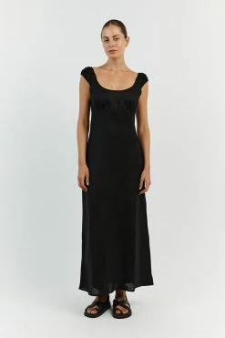 DISSH ABBY BLACK BIAS CUT LINEN MIDI DRESS