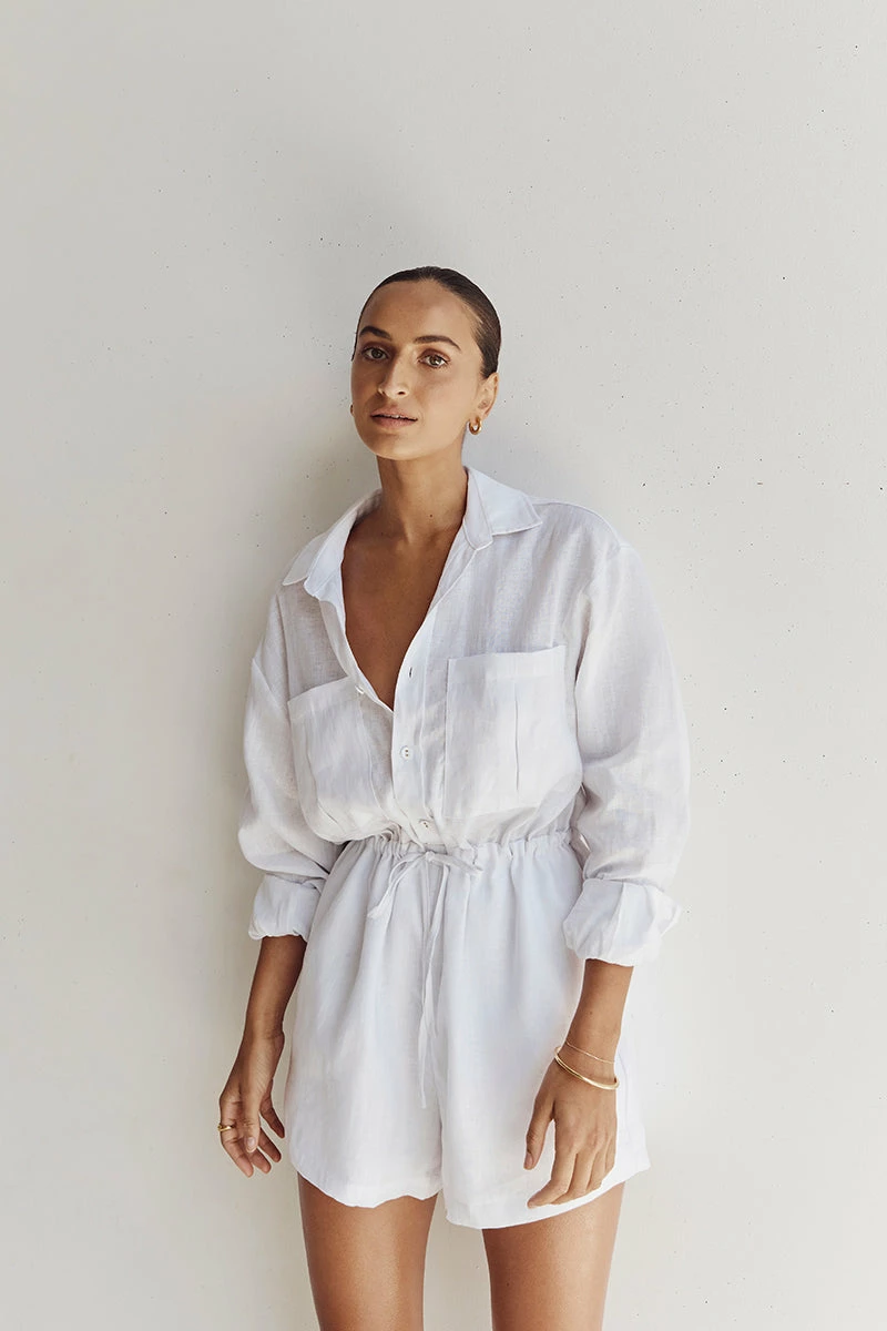 DISSH MAXIE WHITE LINEN SHIRT ROMPER 1 DISSH MAXIE WHITE LINEN SHIRT ROMPER