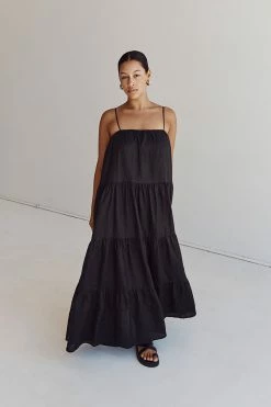 DISSH KINGSLEY BLACK LINEN MIDI DRESS