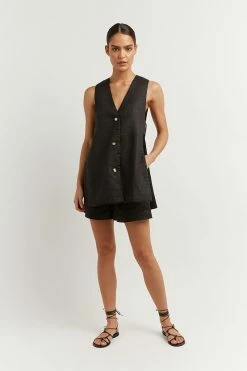 DISSH LOGAN BLACK LINEN LONGLINE TOP