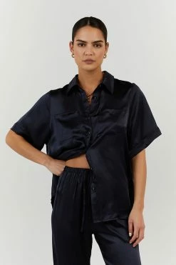 DISSH EVANS NAVY SILK VACATION SHIRT