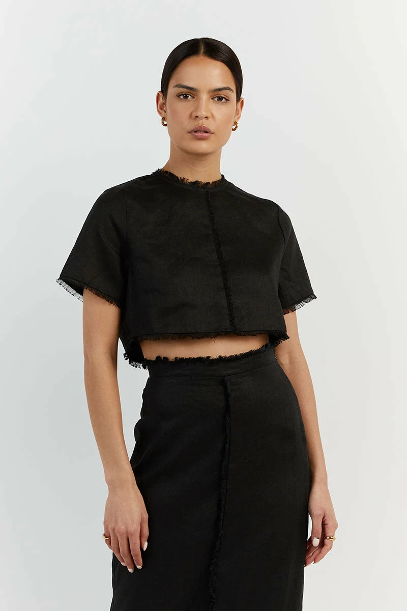 DISSH GEORGIE BLACK LINEN FRINGE CROP TOP 3 DISSH GEORGIE BLACK LINEN FRINGE CROP TOP - Image 3