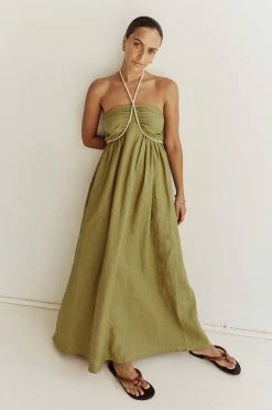 DISSH GINA OLIVE LINEN MIDI DRESS