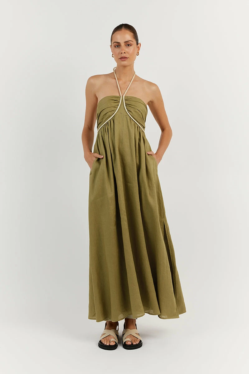 DISSH GINA OLIVE LINEN MIDI DRESS 4 DISSH GINA OLIVE LINEN MIDI DRESS - Image 4