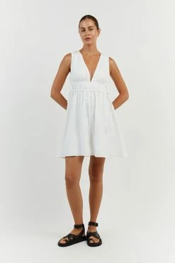 DISSH PIA WHITE LINEN LOW NECK MINI DRESS