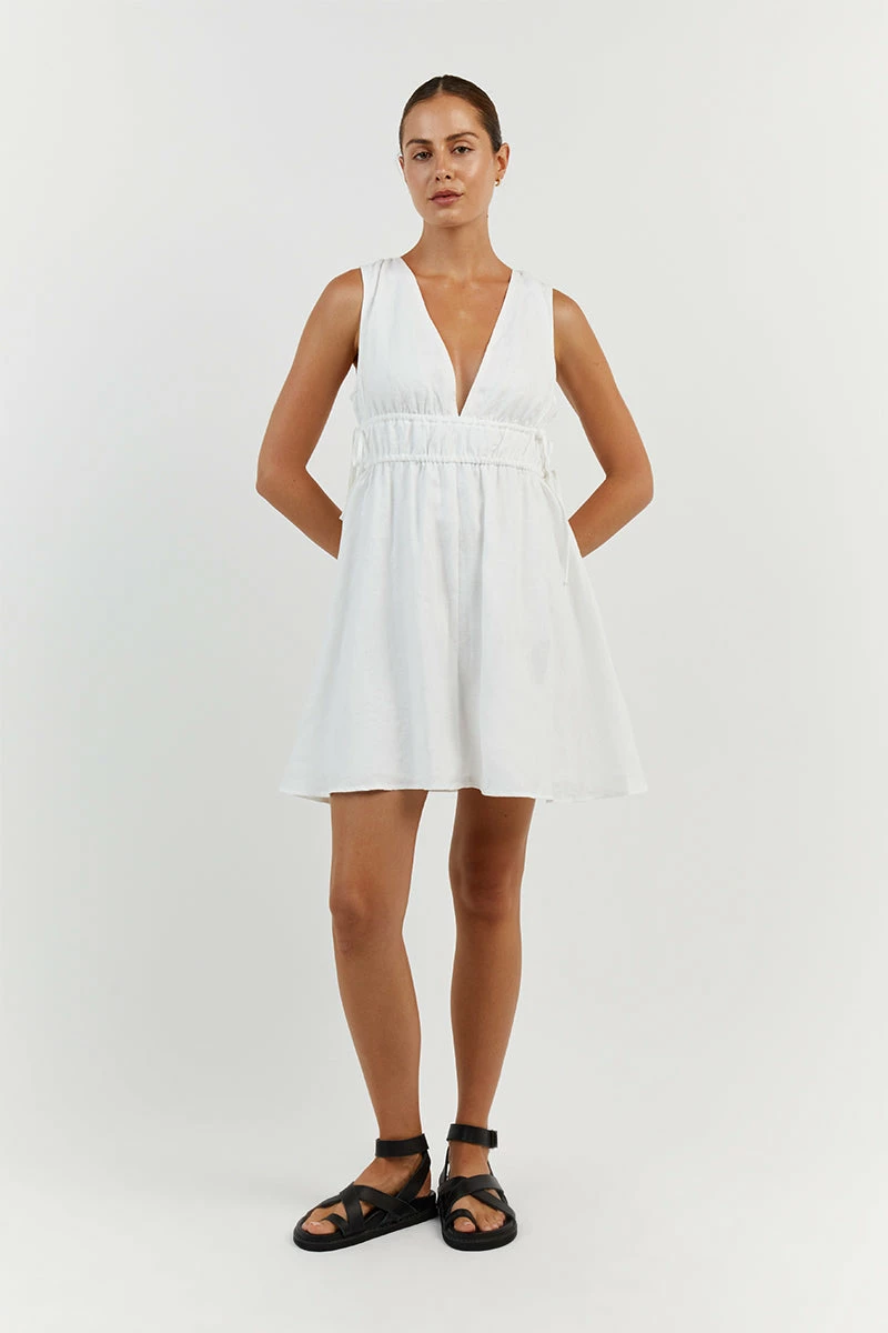 DISSH PIA WHITE LINEN LOW NECK MINI DRESS 1 DISSH PIA WHITE LINEN LOW NECK MINI DRESS