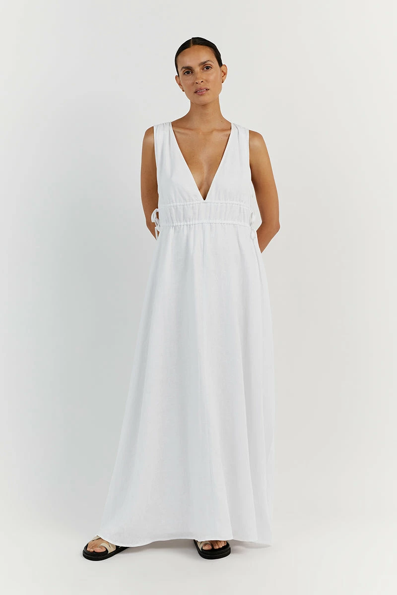 DISSH PIA WHITE LINEN LOW NECK MIDI DRESS 2 DISSH PIA WHITE LINEN LOW NECK MIDI DRESS - Image 2