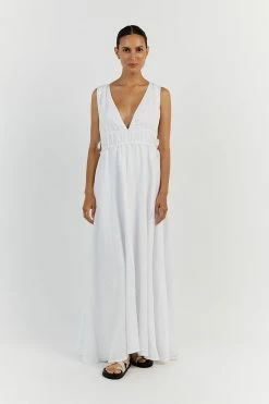 DISSH PIA WHITE LINEN LOW NECK MIDI DRESS 8 DISSH PIA WHITE LINEN LOW NECK MIDI DRESS -DISSH all-clothing Shop DNP11193WE.100 11