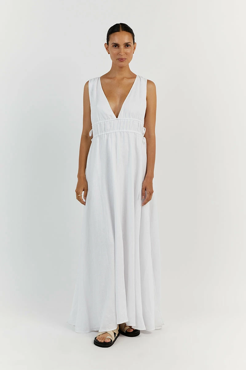 DISSH PIA WHITE LINEN LOW NECK MIDI DRESS 3 DISSH PIA WHITE LINEN LOW NECK MIDI DRESS - Image 3