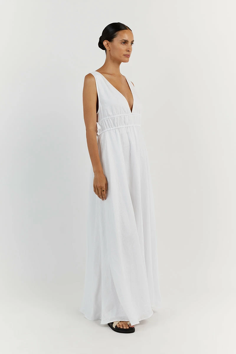 DISSH PIA WHITE LINEN LOW NECK MIDI DRESS 4 DISSH PIA WHITE LINEN LOW NECK MIDI DRESS - Image 4