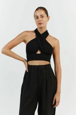 DISSH AMALFI BLACK HALTER CROP TOP